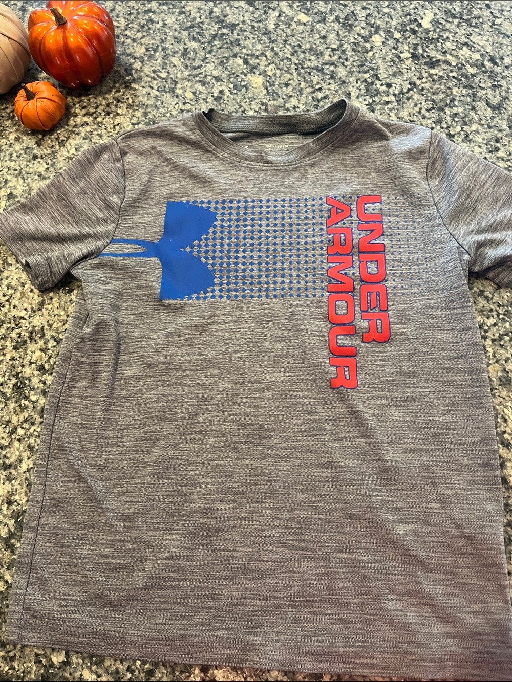 Under Armour Gray Short-Sleeve Tee with Blue Logo and Red Text
